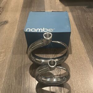 Nambe Globe Candlestick Pair Modern Neil Cohen Silver Alloy Candleholders MT0390